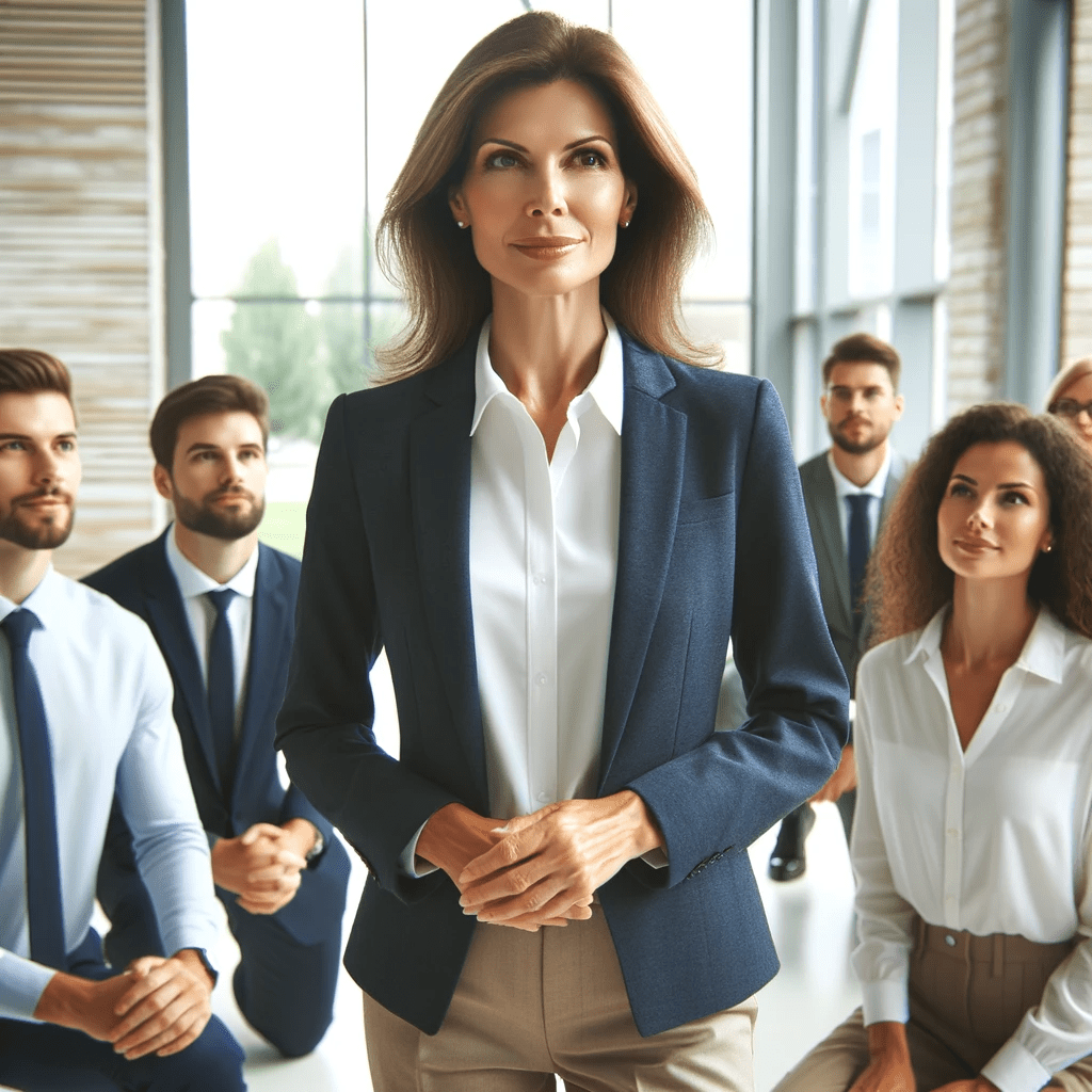 A confident leader, a middle-aged Caucasian woman, addressing her diverse team in a modern office setting. This illustration captures the essence of accountability and the trust it fosters within a team.