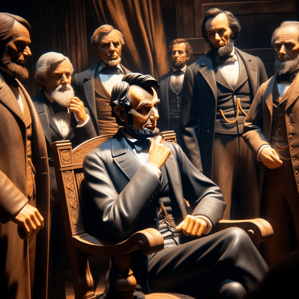 A historical representation of Abraham Lincoln in a leadership scenario, possibly during a critical decision-making moment. It shows Lincoln in a thoughtful pose, surrounded by his advisors.